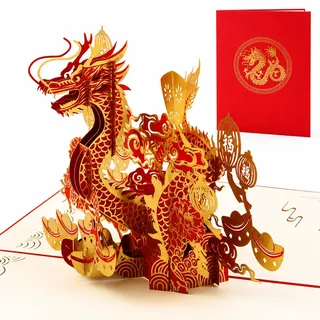 DORAFIORA® Pop-Up Karte Asiatischer Drache – 3D Glückwunschkarte für Geburtstag, Neujahr & besondere Anlässe | Rote Drachenkarte inkl. Umschlag