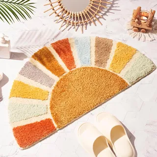 Calkkrer Boho Sonnenaufgang Badezimmer Teppich, Halbkreis Badematte Niedlich, Sonnen Badematten, Retro Boho Bad Deko Zuhause, Bunt Halbrund Dusch Teppich 40 * 76cm
