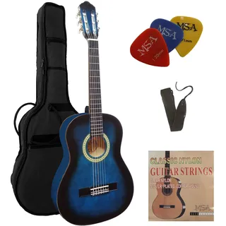 1/2 GITARRE - KONZERTGITARRE IM SET - KINDERGITARRE - CLASSIC - BLAU - SCHATTIERT - DECKE LINDENHOLZ - TASCHE - BAND - SAITEN - 3xPIKS - J2