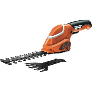 Black & Decker Black+Decker Akku-Strauch- und Grasschere werkzeugloser Klingenwechsel (7 V, Laufzeit ca. 50min, leichtes Gewicht inkl. Ladekabel und Ladestation, 3 Stufen-Ladestandanzeige) schwarz orange, GSL700
