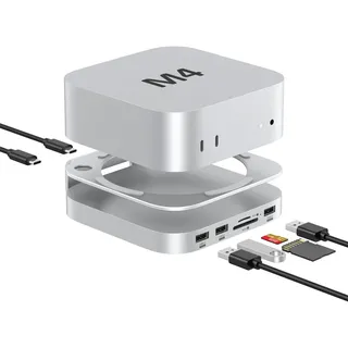AKKYAJAURE Mac mini Hub: 9-in-1 Aluminium-Ständer und Dock für Mac mini M4/M5/M6 mit M.2 NVMe SSD-Gehäuse, 10 Gbit/s USB-A x 2, SD/TF-Kartenleser, USB 2.0