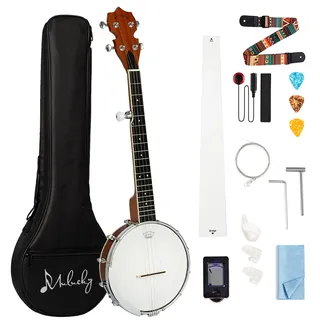 5-saitiges Banjo Mini – Mulucky 26 Zoll Reisebanjo, Korpus aus Sapele, geschlossene massive Rückseite, Anfängerset mit Gigbag, Plektren, Saiten, Gurt – B806