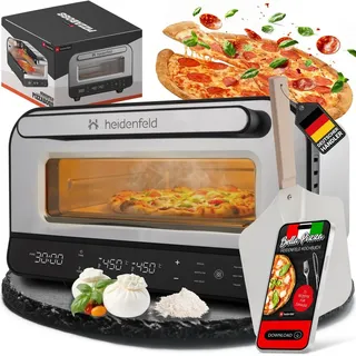 Heidenfeld Pizzaofen Pizzaboss | Elektrischer Pizza Ofen - Backofen - Pizzabackofen - Pizzamaker - inkl. Pizzastein & Pizzaschieber - Bis 450° C - Silber
