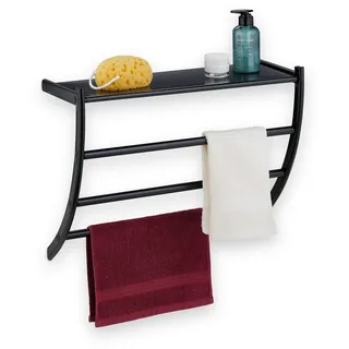 Relaxdays Handtuchhalter Wand, HBT: 44 x 56,5 x 23 cm, mit Ablage & 3 Handtuchstangen, Duschtuchhalter fürs Bad, schwarz