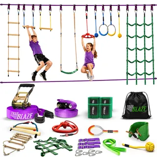Trailblaze Ninja Warrior Slackline Outdoor – 10 Hindernisse für Kinder | Ninja Parcours Kinder Outdoor: 10 Hindernisse, 2 × 16,8 m Slacklines; 4,6–13,7 m Abstand; unter 30 Min.; 5 Jahre Garantie