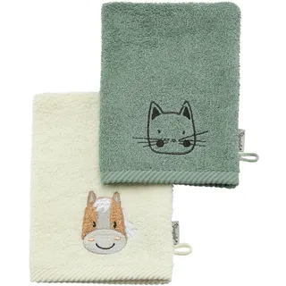 Sterntaler Waschlappen 2er Pack Bauernhof - Frottee Babywaschhandschuh aus saugfähiger, weicher Baumwolle, sorgt für Spaß beim Baden und Duschen - Baby und Kinder Waschlappen, steingrün