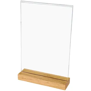 HMF 46944 Acryl Tischaufsteller mit Holzfuß DIN A4 Hochformat, Glasklar