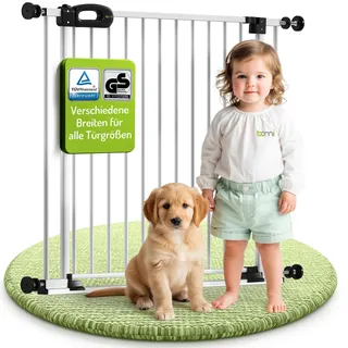 Bomi Treppenschutzgitter Merle Flatstep, Breite 79-87 cm | Türschutzgitter ohne Bohren, stabile Kindersicherung für Kind & Hund, TÜV geprüftes Hundegitter, Türgitter, Treppengitter, Metall Weiß