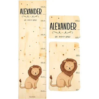 Muckelmeister Messlatte Kinder aus Holz personalisert 80-140cm - Muckelfreunde - 70x20x2cm Kinderzimmer Deko - Geschenke zur Geburt - Maßband Kinder Wand - Geschenkidee Kleinkind - Löwe