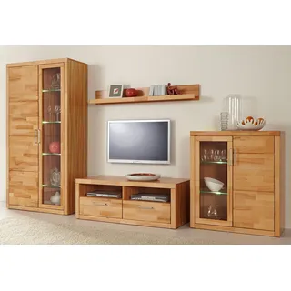 OTTO home Wohnwand Logo,Fronten Massivholz,Korpus Holzwekstoff,viel Stauraum, (Set, 4-St), Türen und Schubladen, bei TV Teil Kabeldurchführung,FSC braun