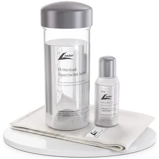 LEADER Brillenbad SET, Brillenreinigungsgerät mit Spezialreiniger & Tuch | Patentiertes Brillenreinigungsgerät für 500 Anwendungen, alkoholfreier Spezialreiniger und Mikrofasertuch, schonend