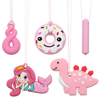 ZOCONE 5 Stück Kaukette für Kinder Silikon Beißkette Kinder Mädchen Süße Dino Meerjungfrau Donut Kauen Halskette Autismus Sensory Chew Halskette Silikon Anhänger zum Kauen Rosa Kauanhänger für Mädchen