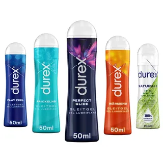 durex Gleitgel Play Naturals & Perfect Glide & Wärmend & Prickelnd & Play Feel, Ausprobierpaket, für verschiedenste Erlebnisse (5 x 50ml)