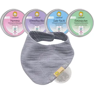 LÖWENKIND Baby Startklar-Set für typische Kinderwehwehchen | Erkältungszeit, Unruhe, Schlafprobleme, Bauchbeschwerden | 4x5 natürliche Kräuterpads | Musselin-Halstuch aus 100% Bio-Baumwolle (Grau)