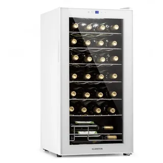 Klarstein Weinkühlschrank, 1 Zonen Getränkekühlschrank Klein, Freistehender Kleiner Weinschrank, 74L Wein-Kühlschrank mit Glastür, Indoor/Outdoor Flaschenkühlschrank, Wine Fridge 28 Uno 28Fl Touch-Bedienfeld 5-18°C Weißes Glas