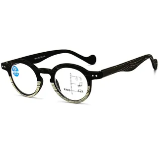 Becool fish Modische Lesebrille mit rundem Rahmen aus Holzmaserung für Herren und Damen, Progressive Multifokus-Blaulichtfilter-Lesebrillen(Farbe:Schwarz,Größe:1.5X)