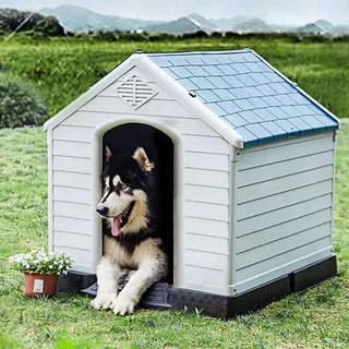 COSTWAY Hundehütte, Hundehaus aus Kunststoff, Hundehöhle mit Erhöhtem Boden & Wasserfestem Dach, Haustierhütte Hundehöhle, für Garten Drinnen Draußen, Blau+Weiß (87,7x78,5x81,5cm)