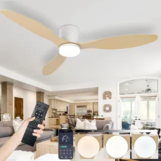 AQLEDY Deckenventilator Mit Beleuchtung Und Fernbedienung, Lampe Mit Ventilator Leise Decke Mit Licht, Led Deckenleuchte Mit Ventilator Sommer Winte Für Schlafzimmer Wohnzimmer-White-WoodGrain||42in