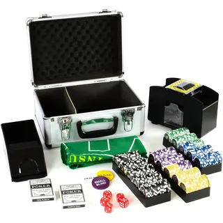 Pokerkoffer Deluxe Pokerset mit 300 Ocean Champion Chips mit viel Zubehör Kartenmischer Kunststoffkarten Kartengeber Spielmatte Poker-Komplettset Black Jack Texas Holdem