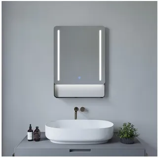 AQUALAVOS Badspiegel LED Spiegel für Bad mit schwarz matt Ablage Touch Dimmbare Wandspiegel, mit 6400K Kaltweiß Licht Beleuchtung, anschließbarer Wandschalter 50 cm x 70 cm x 12 cm