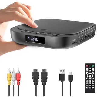 Desobry Mini DVD Player für Fernseher, HDMI 1080P, Region Free, Mit USB/TF-Karteneingang Hdmi/RCA-Kabel, Unterstützt DVD/CD, DVD-Player für TV Integriert PAL/NTSC
