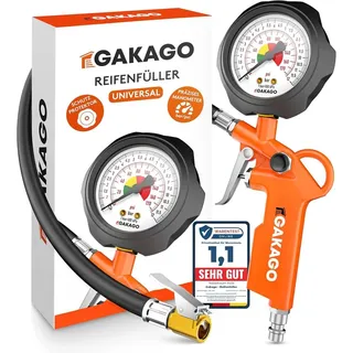 Gakago Reifenfüller Präziser Reifendruckfüller mit hochwertigem 0-12 bar Druckluft Manometer Extra langer 45cm Reifenfüllschlauch Vielseitiger -