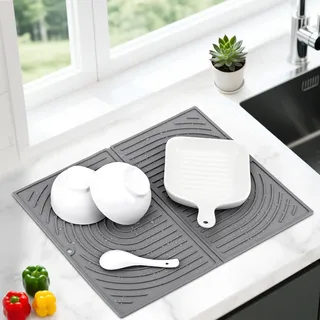 Abtropfmatte Geschirr Silikon, Faltbare Abtropfmatte Spüle, Rutschfeste Spülbeckeneinlage, Schnell Trocknend Spülmatte, Hitzebeständig, für Küche, Spüle, Arbeitsplatte, 43×34 cm (Grau)