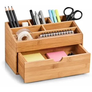 hausleben Schreibtisch Organizer aus Bambus mit Schublade – 6 Fächer Stiftehalter & Büro Organizer, Schreibtischablage für Büro & Home Office, 24,5 x 13 x 15 cm