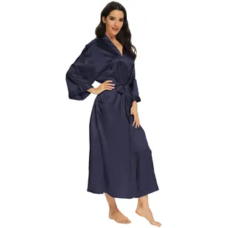 MizzGenio Langer Damen-Bademantel aus Seide, leicht, lang, Satin, volle Länge, Nachtwäsche, Morgenmantel, Pure Navy, Large-X-Large - L-XL