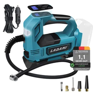 LADAMI Akku-Kompressor für Makita 18V,Akku Luftpumpe bis150 PSI mit LED-Licht & Autostopp,Tragbare Luftpumpe mit Digitales Manometer,Elektrischer Luftkompressor für Auto, Motorrad,Fahrrad,Sportbälle