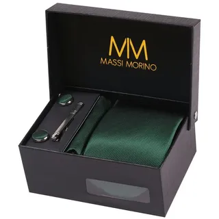 MASSI MORINO Krawatte Dunkelgrün mit Einstecktuch Set Herren inkl. Manschettenknöpfe, Krawattennadel und Geschenkbox | Männer Krawattenset zur Hochzeit - Einheitsgröße