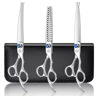 Moontay Hundescheren Set, Fellschere Hundeschere Professionelles | Hundescheren Set mit Gebogene/Gerade/Fellschere zum Ausdünnen Schneiden 7 Zoll 440c Japanische Edelstahlschere Silber