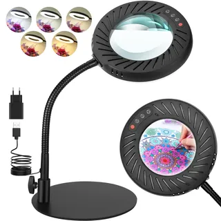 Coteck 10X Lupe mit Licht und Ständer, 5 Farbmodi Dimmbar, Flexible Schwanenhals LED Schreibtischlampe Hände Frei für Malerei, Kunsthandwerk, Hobby, Nähen, Schließen Arbeit