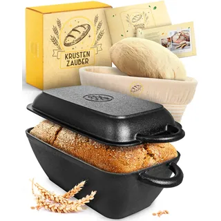 KRUSTENZAUBER 28cm Gusseisen Bräter mit Deckel backofengeeignet inkl. Gärkorb - eckiger Topf Brot Backen - Ideal als Ofenform, Induktion, Brotbacktopf, Zubehör