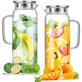 2 Stück Glaskaraffe Wasserkrug 2 L mit Edelstahl Deckel, Wasserkaraffe aus Borosilikatglas Wasserkrug Glas Hitzebeständig Karaffe für Heiß & Kalt, Saft, Milch, Tee, Kaffee und Getränke