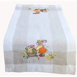 Raebel Tischdecke Mitteldecke Stickerei Hasenmädchen Ecru beige Leinenoptik Osterdeko Ostern Ostertischdecke (35 * 70 cm)
