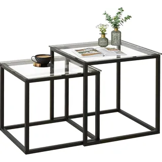 Quadratisch Couchtisch 2er Set, Moderne Wohnzimmertisch, Couchtisch Aus Glas, Wohnzimmertisch Klein, Beistelltisch, Sofatisch, Coffee Table für Wohnzimmer, Schlafzimmer, Büro, 50/45 cm, Schwarz