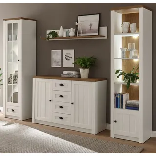 furn.design Wohnwand Seyne, (in Pinie weiß mit Eiche hell, Set 4-teilig, ca. 270 x 198 cm), moderner Landhausstil mit gekälter Optik