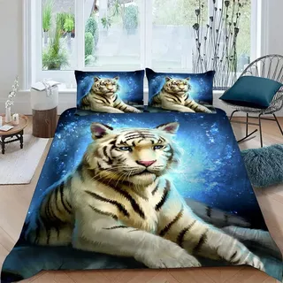 AASIRA Tiger Bettwäsche 135x200 Kinder Bettwäsche Blau Tier Weiche Mikrofaser Bettbezug mit Reißverschluss Jungen Mädchen Bettwäsche-Set 3D Motiv Bettbezüge mit 2 Kissenbezug 80x80