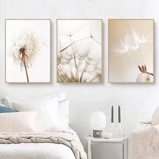 Sarah Duke 3er Poster Set Beige Pampas Pusteblume Wandbilder, Modern Leinwand Malerei, Löwenzahn Blume Bilder Deko Schlafzimmer, Wandposter, Ohne Rahmen (B,40x50cm)