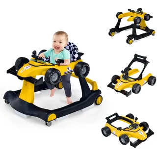 FANTASK 4 in 1 Lauflernhilfe, Baby Walker Autoförmig mit Musikbox, Licht & Rädern, Lauflernwagen klappbar mit einstellbarer Höhe & Geschwindigkeit, Gehfrei Baby ab 6 Monaten, 12kg Belastbar(Gelb)