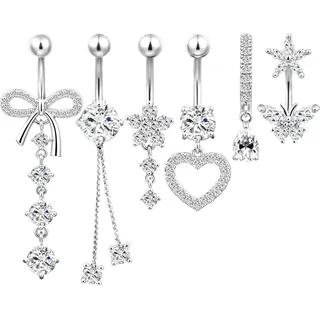 AOOSA 6 Stück Bauchnabelpiercing, Modisch Edelstahl Bauchnabelpiercing Set, Silber Hängendes Piercing Bauchnabel für Frauen Mädchen, Belly Piercing Schmuck für Party Urlaub Alltag