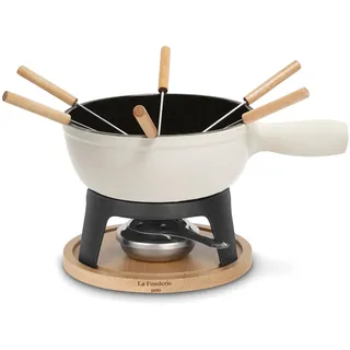 h.koenig La Fonderie 1890 Fondue-Set aus Gusseisen für 6 Personen Mont Blanc, Käse- und Schokoladenfondues, 6 Gabeln mit Buchenholzgriffen, Sockel aus Naturholz, Kapazität 1,8L