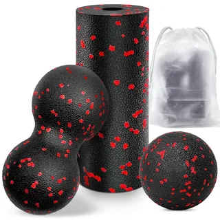 kisvic Faszienball und Klein Faszienrolle, Massageball Set Relieve Stress and Relax Tight Muscles, Duoball für Wirbelsäule Fuß Nacken und Rücken (Rot)