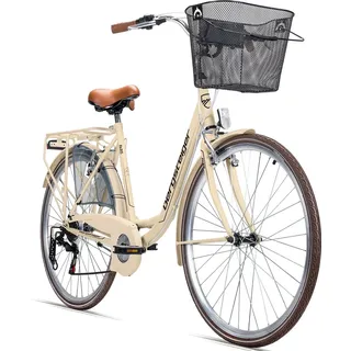 Bergsteiger Paris 28 Zoll Damenfahrrad, ab 160 cm, Korb, Fahrrad-Licht, Shimano 6 Gang-Schaltung, Damen-Citybike, Damenrad im Retro-Design - Beige