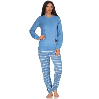 RELAX by Normann Damen Frottee Pyjama Langarm mit Bündchen, Hose gestreift, Oberteil unifarben mit Motiv, Farbe:hellblau, Größe:36/38 - 36