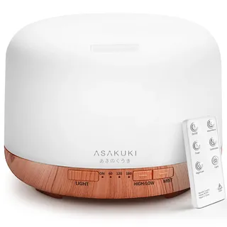 ASAKUKI Aroma Diffuser 500ML | Ultraschall Diffusor für Ätherische Öle, Luftbefeuchter mit Fernbedienung, Abschaltautomatik, und 7 Arten LED Lichtfarben