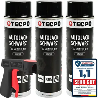 3x TECPO Autolack schwarz glänzend 500 ml + Pistolengriff