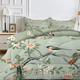 Vögel Blumen Bedruckt Bettdecke 200x200 4 Jahreszeiten, Wende Dekoration Steppdecke Schlafdecke Bettdecke ohne Bezug Waschbar,Warme & Weiche Bettdecken, Ganzjahresdecke 200x200 mit 2 Kissenbezug