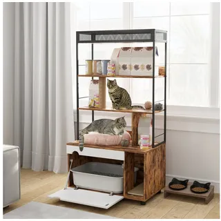 PawHut Katzenklo Schrank, Katzenklo mit 3-Ebenen-Regal, Katzenhaus Braun